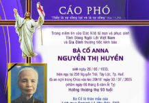 CÁO PHÓ: Bà cố Anna Nguyễn Thị Huyền (thân mẫu của Lm. Đaminh Lê Văn Đức, SVD)