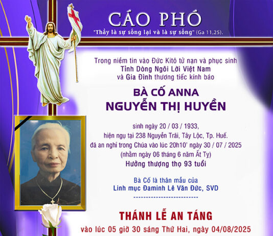 CÁO PHÓ: Bà cố Anna Nguyễn Thị Huyền (thân mẫu của Lm. Đaminh Lê Văn Đức, SVD)