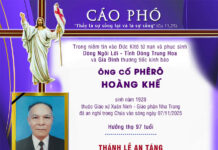 CÁO PHÓ: Ông Cố Phêrô HOÀNG KHẾ (Thân phụ của Lm. Phêrô Hoàng Văn Hiến, SVD – Hồng Kông)