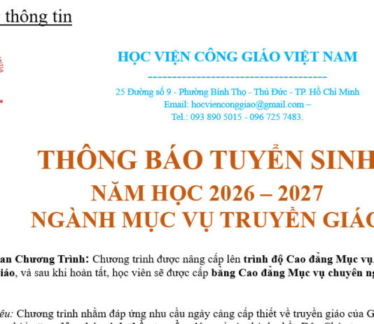 HVCGVN TUYỂN SINH NGÀNH MỤC VỤ TRUYỀN GIÁO NĂM HỌC 2026 – 2027